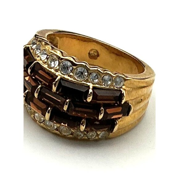 Vintage Style Gold-Tone Band Ring With Brown & Clear Rhinestones - Picture 7 of 8